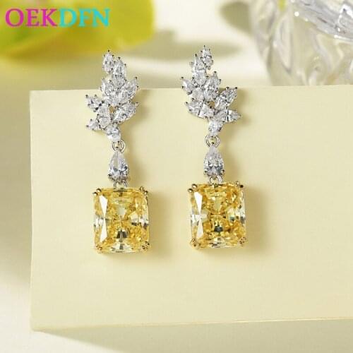 OEKDFN 100% 925 Sterling Silver Drop Earrings For Women Sparkling 11*13MM Citrine Gemstone Jewelry Christmas Dangle Earrings