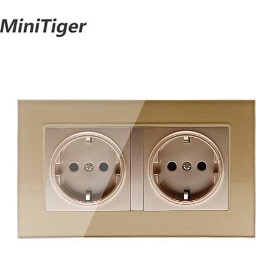 Minitiger Gold Luxury glass panel Wall Power Dual Socket Plug Grounded, 16A EU Standard Electrical Double Outlet 146 mm * 86 mm