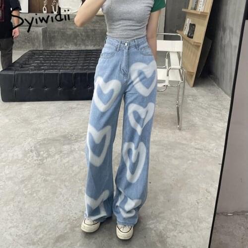 Syiwidii Heart Tie Dye High Waisted Jeans for Women Baggy Y2k Pants Denim Joggers Vintage Streetwear Mom Clothes Straight 2021
