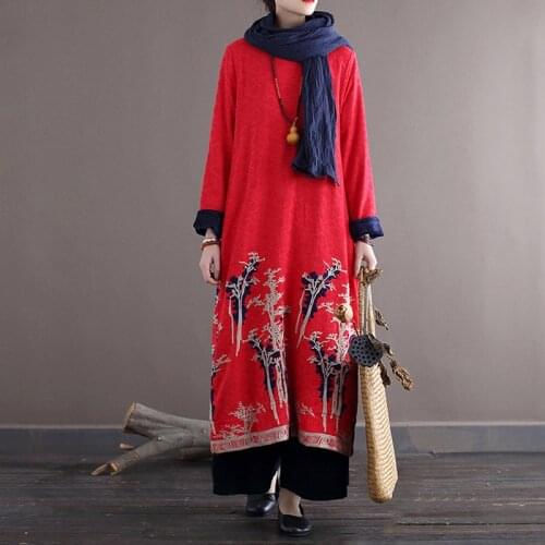 FairyNatural Ladies Embroidery Floral Winter Thick Warm Dresses Retro High Quality Women Cotton Chinese Style Dress 2021 New