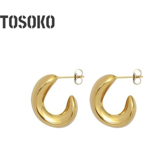 TOSOKO Stainless Steel Jewelry Geometric Simple Special-Shaped C-Shaped Earrings 18 K Gold Womens Fashion Earrings BSF503
