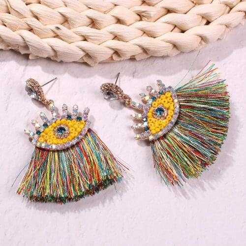 Explosive Style Colorful Tassel Earrings Fashion Personality Inlaid Rhinestone Colored Rhinestone Angel Eye Earrings