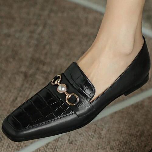 Womens genuine leather Stone pattern metal beading buckle square toe slip-on loafers leisure soft comfortabe moccasins shoes
