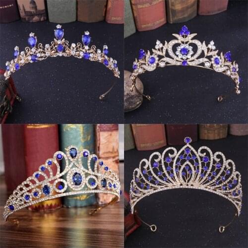 Women girls Wedding Bridal Tiaras Princess Blue Crystal Prom Hair Crown Rhinestone Fashion Headband Hair Accessories Headpiece