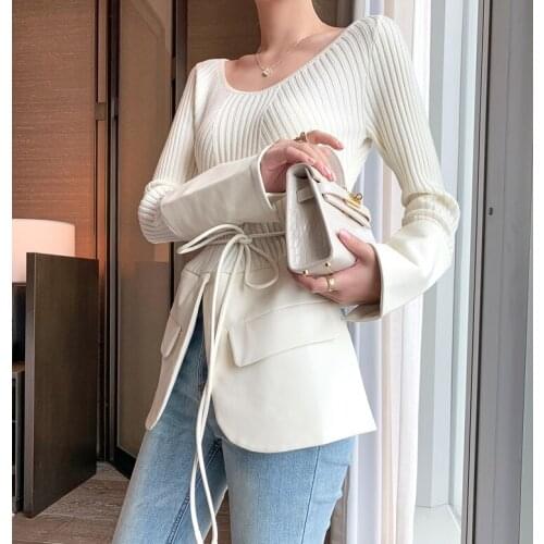 Leather Hem Patch Sweater Women 2021 Spring Autumn New Sexy Knit Shirt Lady Chic Top