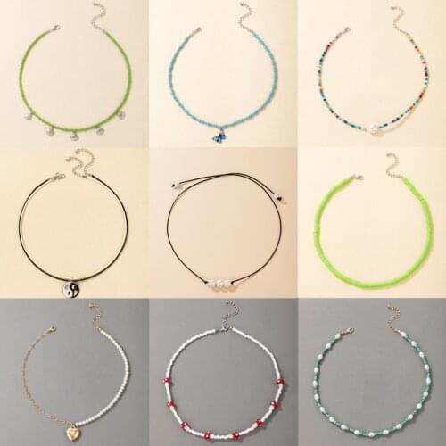 Tocona Colorful Beaded Choker Necklace for Women Charms Heart Tai Chi Butterfly Clavicle Chain Adjustable Cheap Jewelry Collar