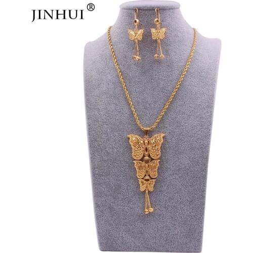 Jewelry sets Ethiopian 24K gold color for women Butterfly style pendant Dubai bridal necklace earrings Indian wedding set gifts