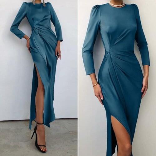 Womens 2021 High Slit Satin Bodycon Dress Celmia Elegant Long Sleeve Sexy Sheath Dress Party Night Club Long Maxi Vestidos 7