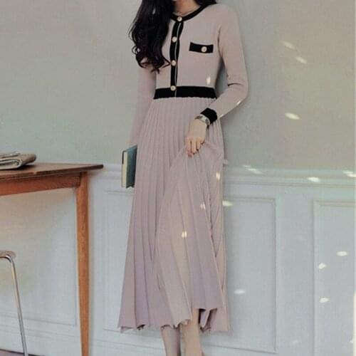 2020 Autumn Korean Knitted Women Long Pleated Dress Women Long Sleeve Single-breasted A-line Dresses Elegant Ladies Vestidos