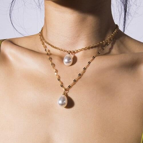Vintage Temperament Baroque Pearl Pendant Necklace Women Double Layer Chains Geometric Round Circle Clavicle Necklace Jewelry