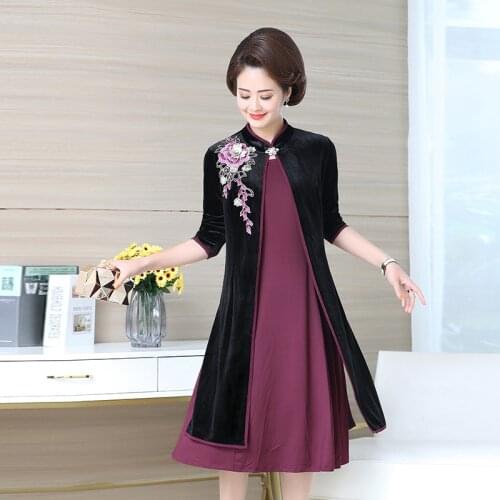 Riental Style Women Two Pieces Dresse vintage Cheongsam collar embroidery Party Midi Dress Elegant Casual Maxi Female Vestidos