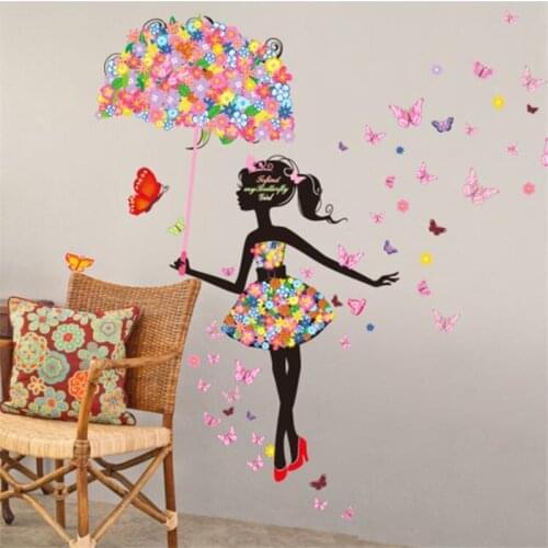 1 pc large Flower Elf Umbrella GIRLS Wall sticker Romantic Warm Glass room Decorative Stickers for kids room living room murals