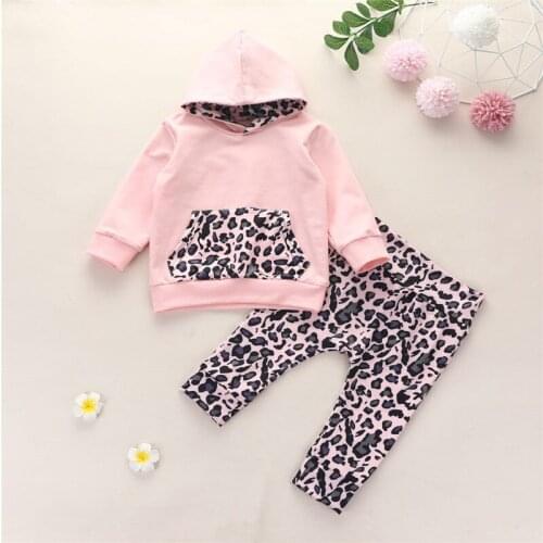 2PCS Infant Baby Girls Autumn Outfits Leopard Print Long Sleeve Front Pocket Hoodie Sweatshirt Top Elastic Trousers 3-24M