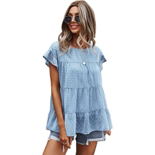 Womens Summer Solid Color Chiffon Loose Embroidered Top Ruffle Sleeve Little-Girl Style Clothes Round Neck Patchwork Blouse2021