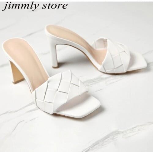 Summer Mule Heels Shoe Black PU High Heel Shoes Women Sandals Sliper Woman Shoes Zapatos Mujer White
