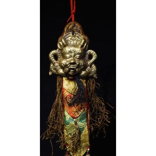 Home Decor 16"Old Tibetan Buddhism Bronze Silk Mahakala King Kong Head Mask Prayer flags Exorcism Amulet pendant
