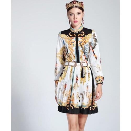 Printing lapels cotton printed shirt + pleated skirt two pieces European fashion pattern temperament suits with blet wq2347