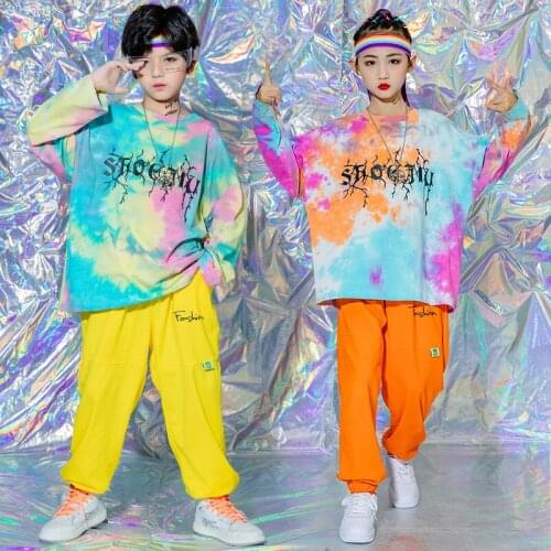 Hip Hop Dance Costume Tie-Dyed Long Sleeves Sweatshirt Tops Girls Boys Street Dance Pants Jazz Performance Stage Clothes BL6854
