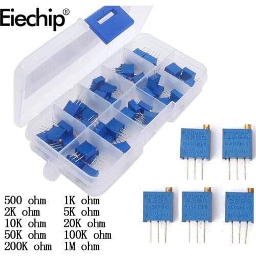 50pcs/lot 3296W series 500R 1K 2K 5K 10K 20K 50K 100K 200K 1M multi-turn potentiometer 10K Variable resistors With box set