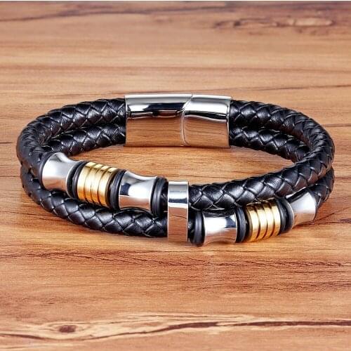 TYO Vintage Stainless Steel Wire Leather Male Bracelets Bangles For Men Double Layer Geometric Pattern Combination Bracelets