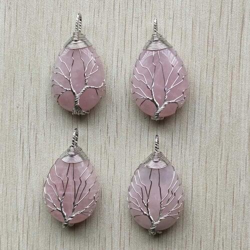 Wholesale 4pcs/lot white Color Wire Wrap handmade tree of life drop shape natural pink quartz stone pendants free shipping
