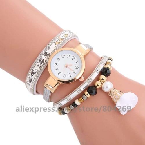 Wholesale Fashion Watch Women Long Leather Watches Rhinestone Analog Quartz Dress Rhinestone Beads Pendant Wrist Watches 920624