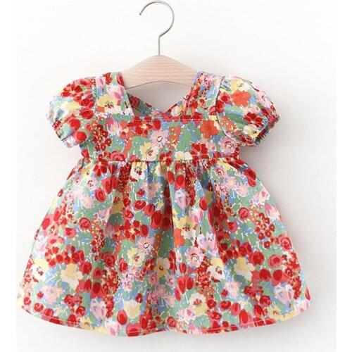 Stylish Summer Dress Puff Sleeve Elastic Cuffs Sweet Girls Floral Print Pleated Dress for Vacation