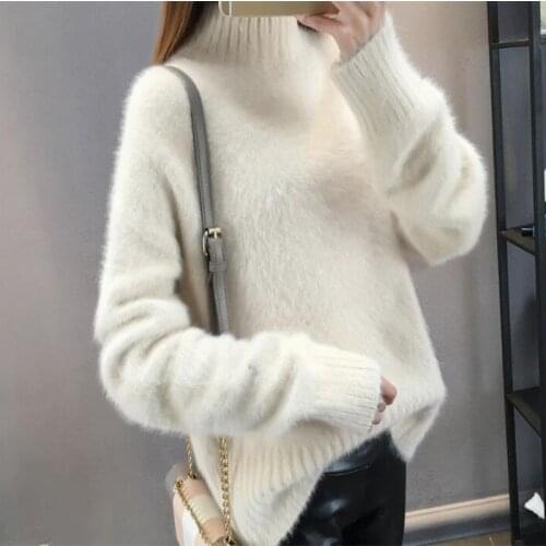 Casual Solid Color Pullover femme Winter White Mohair Thicken Turtleneck Sweater Sweet Fashion Long Sleeve Black Sweater Women