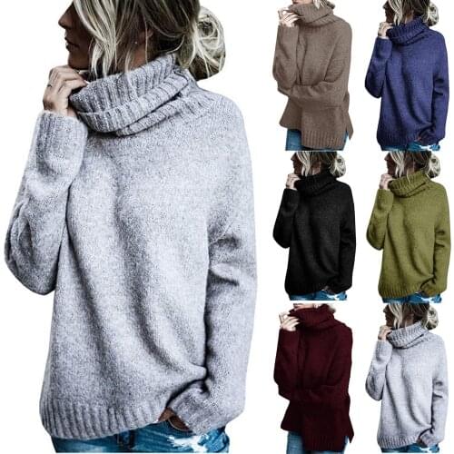 Womens Pullover Fashion Solid Long Sleeve Sweater Casual Loose Turtleneck Knitting Sweater Warm Ladies Pure Color Sweater Tops