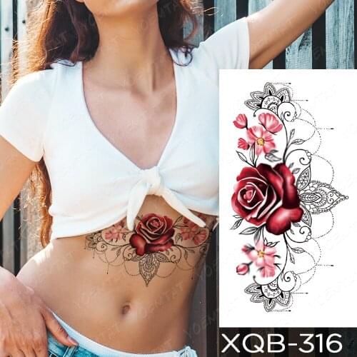 Sexy Waterproof Temporary Sleeve tatooo Stickers Red Rose Flower Jewelry Neck Chest tatoos Body Art Fake Transfer tatoo Women