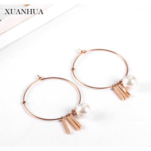 XUANHUA Rose Gold Charm Pearl Hoop Earrings Fine Jewelry Accessories Stainless Steel Jewelry Woman Vogue 2019 Bohemian Jeweler