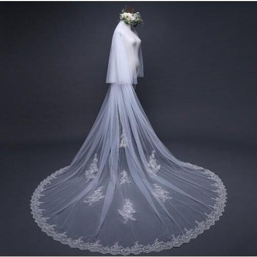 Cathedral Lace Applique Veil Two Tier Blusher Veil White/Ivory 3M Long Wedding Bridal Veils With Comb
