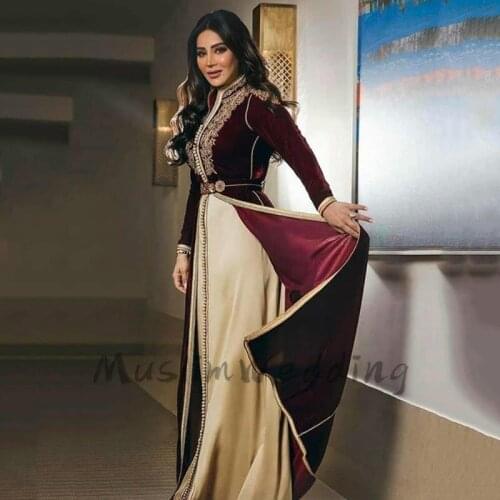 Burgundy Velour Moroccan Caftan Evening Dresse With Gold Appliques Long Sleeves Islamic Dubai Saudi Arabic Abaya Prom Dress 2020