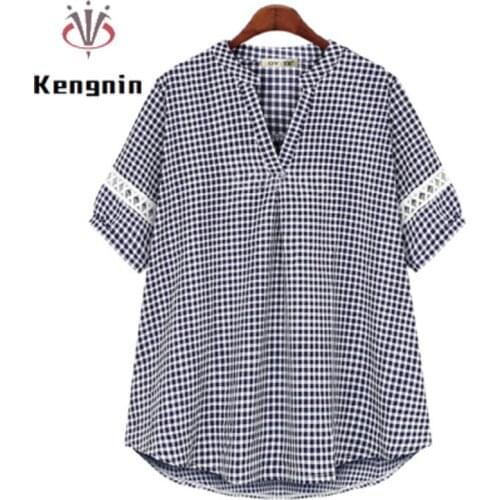 Plus Size Tops Blouse Summer Plaid V-Neck Short Sleeve Women Tops Loose Hollow Out Female Tees Casual Ladies Shirts KE1623