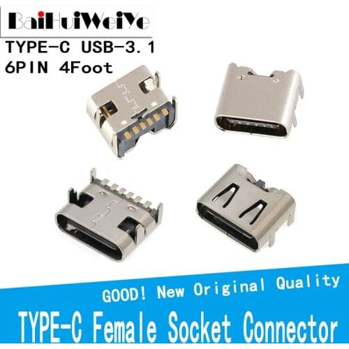 20Pcs/LOT Micro USB TYPE-C 6Pin Female Socket Connector 4 Foot For Tail Charging Mobile Phone OX Horn Type SMT USB 3.1 TYPE C