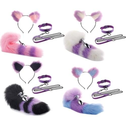 3 Pcs Sexy Ear Tail Butt Plug Traction Collar Drag Chain Erotic Adult Sex Toys Set Cosplay Couples Foreplay Flirt SM