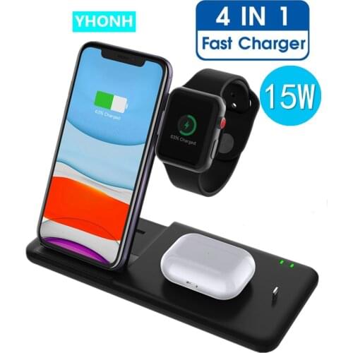 15W Qi Fast Wireless Charger Stand For iPhone 12 11 XR X 8 Apple Watch Airpods Pro iWatch 4 in 1 Foldable Charging Dock Station