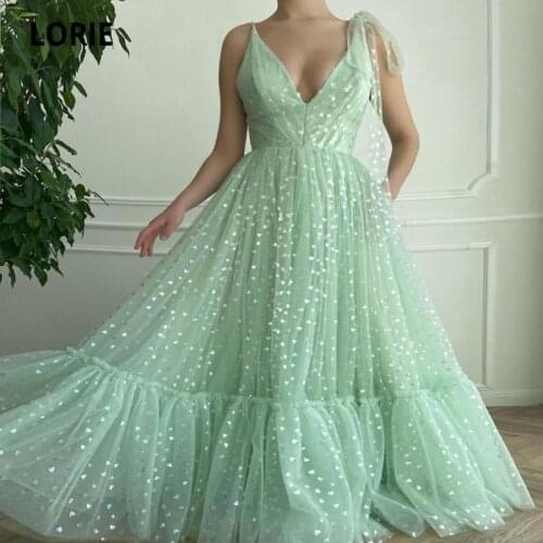 LORIE Shiny Fairy Prom Dresses V-Neck Ruffled Mint Green Tulle A-Line Long Wedding Party Gown for Graduation Robes de cocktail