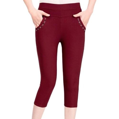 5xl Summer Women Seven Pants Trousers Black Navy Red Khaki Slim Middle Aged Women Tight Strecth Casual Pencil Pocket Half Pants