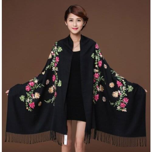 Black Scarves Shawl Women Winter Scart Artificial cashmere шумоглушитель Embroider Flower Wrap Shawl new Scarf Tassels 2020