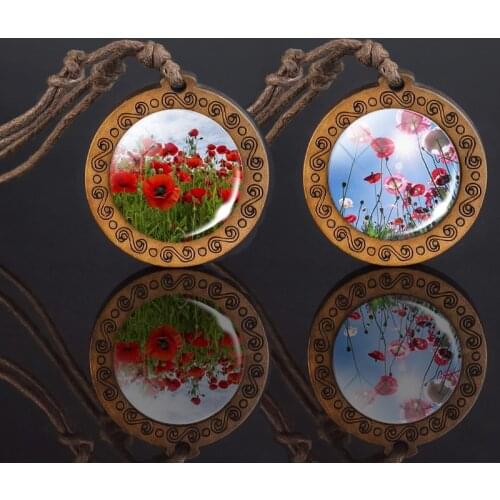 Retro Adjustable Rope Chain Poppy Flower Jewelry Art Painting Glass Cabochon Wooden Necklace Family Women Gift