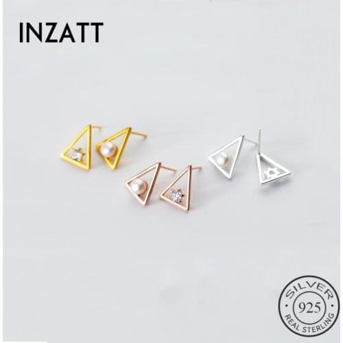 INZATT Real 925 Sterling Silver Parel Zircon Asymmetry Triangle Stud Earrings For Fashion Women Fine Jewelry Bohemian Accessible
