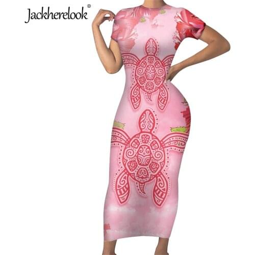 Jackherelook Pink Polynesian Turtle Print Women Short Sleeve Bodycon Midi Dress Office Ladies Stretchy Work Party Pencil Dresses
