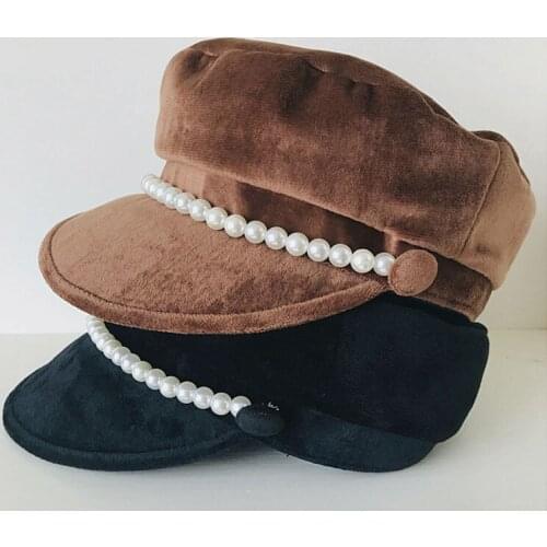 2020 New Warm velvet Flat Top Winter hat for women Pearl Band Visor Cap Girls Beret Newsboy Hat Cap for Ladies