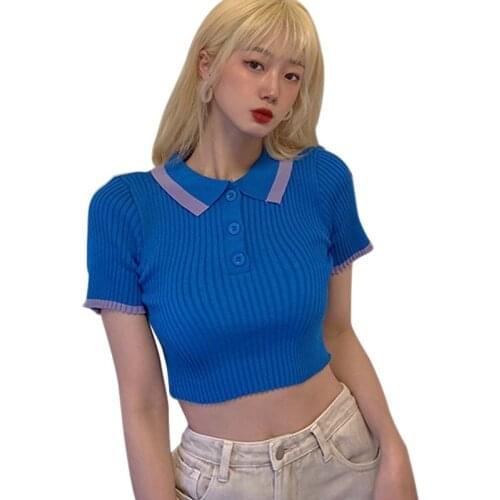 Korean Fashion Turn-down Collar Contrast Color Tee Slim Casual Exposed Navel Short Sleeve Knitted T-Shirt