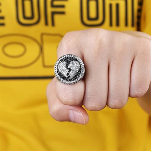 Men Rings Silver Black Fashion Broken Heart Pattern Iced Out Bling Micro Pave Cubic Zircon Stones Hip Hop Jewelry Ring Size 7-11