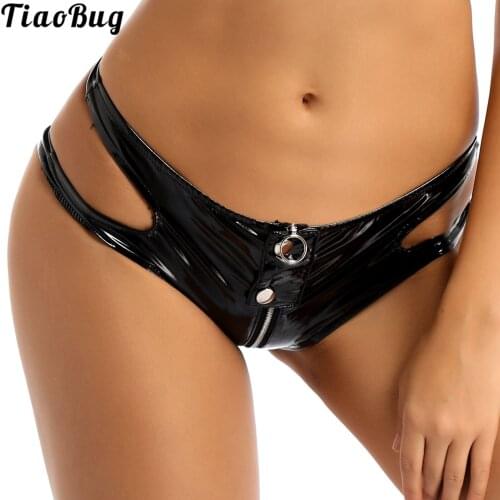 TiaoBug Black Women Patent Leather Underwear Zipper Crotch Shiny Briefs Nightwear Party Low-Waisted Underpants Clubwear