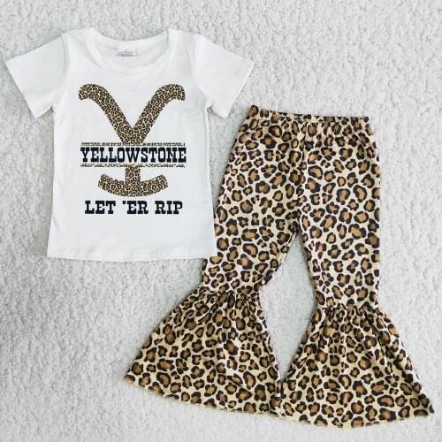 Wholesale Baby Girls Clothing Fashion Toddler Girls Clothes Set Summer Short Sleeve Leopard Bell Bottom Pants Girls Boutique Set