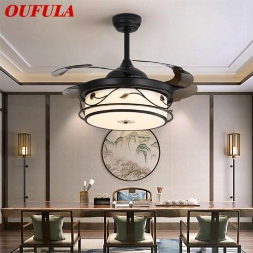 OUFULA Modern LED Ceiling Fan Light Black With Remote Control 3 Colors LED For Home Dining Room Bedroom Restaurant