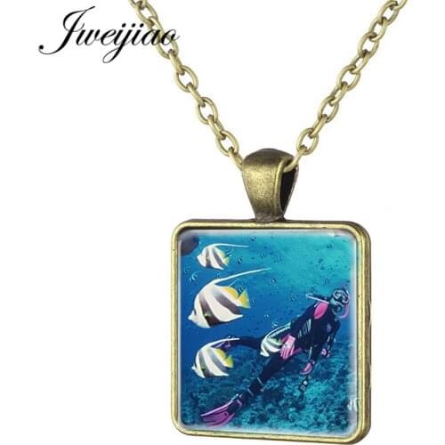 JWEIJIAO Deep Sea Diving Diver Chams Necklace Collier Vintage Square Pendant Necklaces Swimming Diving Club Gift DI03